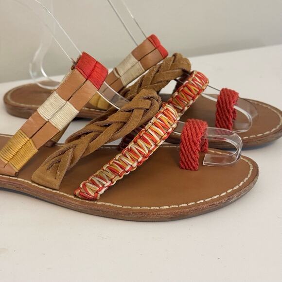 Soludos leather Brown Sandals Size 8.5 red Braided Slip On Flat Boho Beachy - Picture 4 of 7